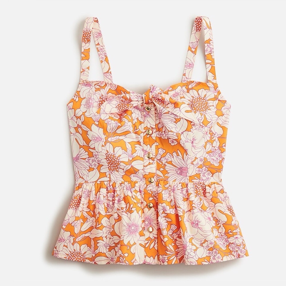 J. Crew Orange and Pink Tie-front button-up Peplum Top in Floral Cotton Poplin